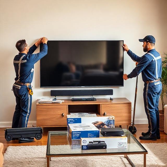 Brown goods delivery team setting up a large TV with a soundbar and gaming console; protective blankets, dolly, and straps visible; deep blue and silver uniforms.